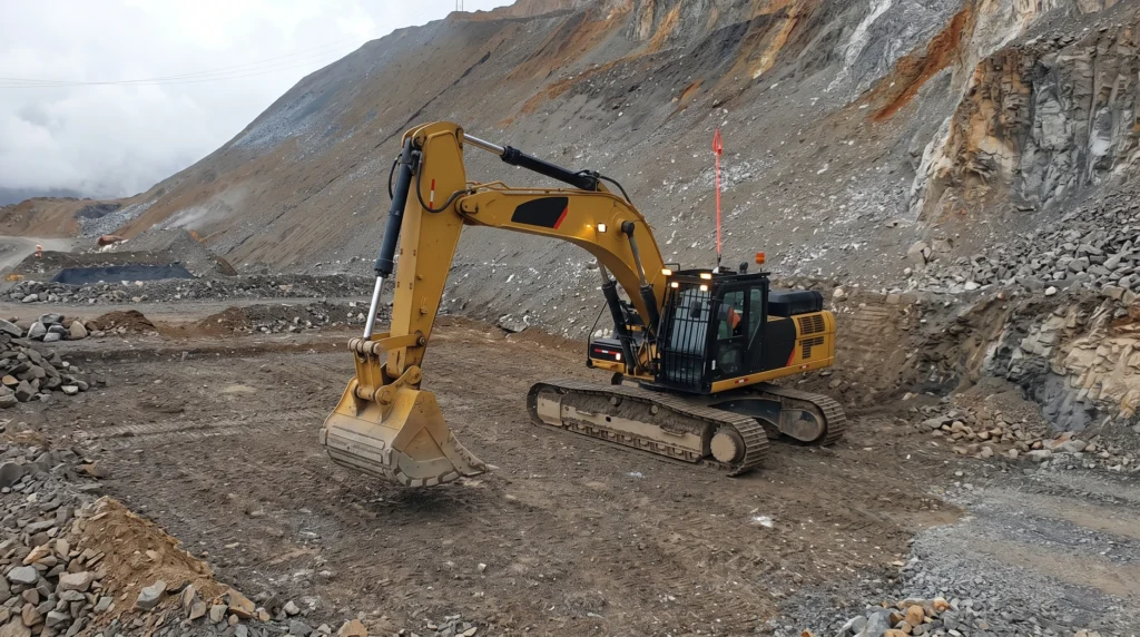 Excavadora de CHACONGESA realizando trabajos de movimiento de tierras para la Compañía Minera Lincuna en el centro del Perú.