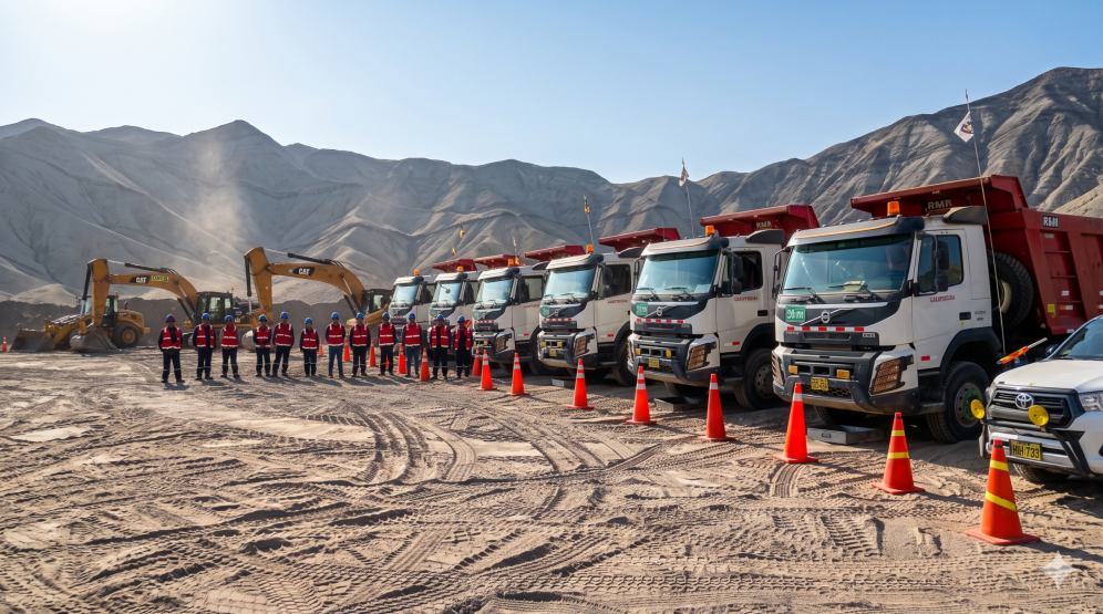 Flota de volquetes, maquinaria pesada y equipo de profesionales de CHACONGESA listos para la ejecución del nuevo proyecto minero en Antamina.